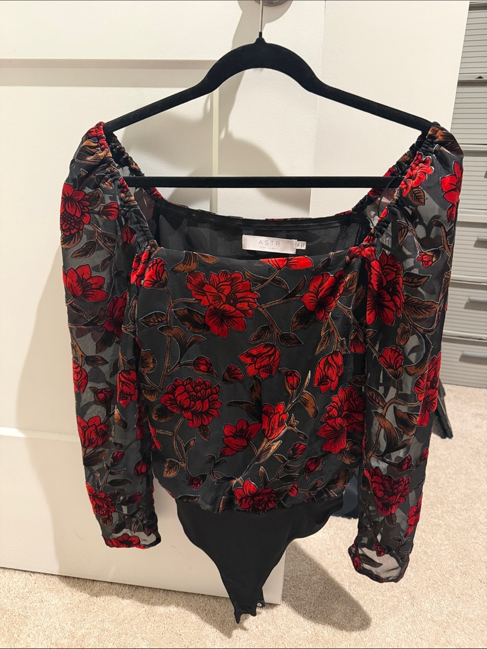 ASTR Black Sheer Bodysuit with Red Floral Burnout